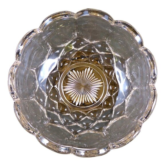 Sunburst & Diamond Scalloped Rim Heavy Glass Serving Bowl Vintage Glassware - Picture 3 of 4